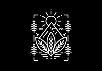 Leaf, mountain and sun line art illustration design