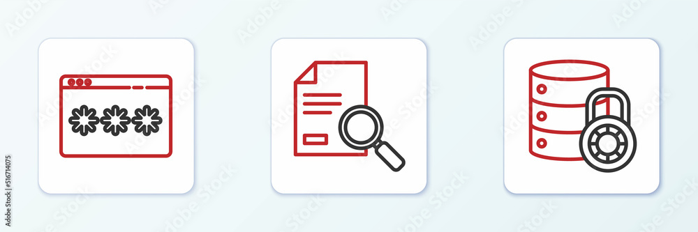 Poster set line server security with lock, password protection and document search icon. vector