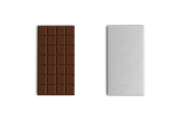 Milk chocolate mockup with packaging isolated on white background from top view. 3d rendering.