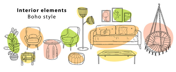 Scandinavian furniture Interior elements Boho style. Cozy home environment for the living room. Hand-drawn doodle style elements.