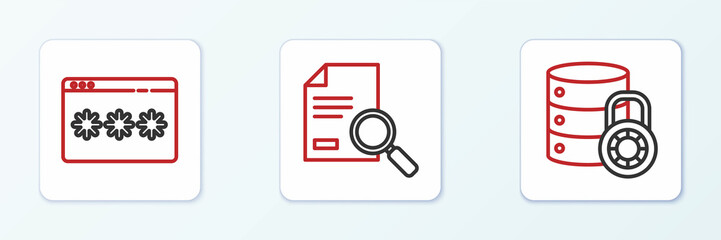 Set line Server security with lock, Password protection and Document search icon. Vector