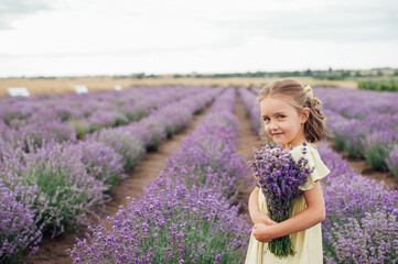 a little beautiful girl in yellow dress with a bouquet in hands is standing among lavender bushes, postcard