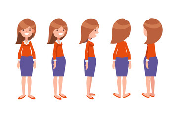 Girl, Woman front, side, back view flat vector character for animation. Separate body parts.