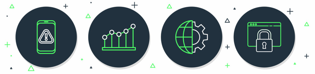Set line Pie chart infographic, Globe of the Earth and gear, Mobile with exclamation mark and Secure your site HTTPS, SSL icon. Vector