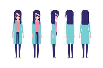 Girl, Woman front, side, back view flat vector character for animation. Separate body parts.