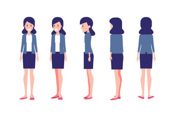 Girl, Woman front, side, back view flat vector character for animation. Separate body parts.