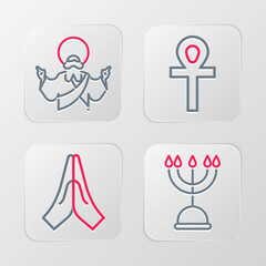 Set line Hanukkah menorah, Hands in praying position, Cross ankh and Jesus Christ icon. Vector