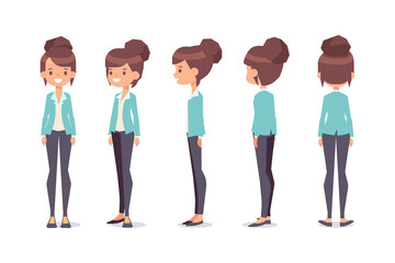 Fototapeta premium Girl, Woman front, side, back view flat vector character for animation. Separate body parts.
