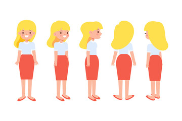 Girl, Woman front, side, back, 3-4 view flat vector character for animation. Separate body parts.