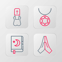 Set line Hands in praying position, Holy book of Koran, Star David necklace chain and Priest icon. Vector