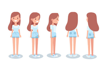 Obraz premium Girl, Woman front, side, back, 3-4 view flat vector character for animation. Separate body parts.