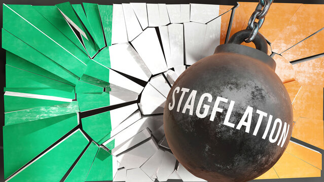 Ireland and Stagflation that destroys the country and wrecks the economy. Stagflation as a force causing possible future decline of the nation,3d illustration