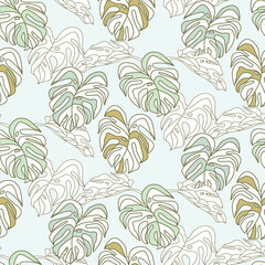 Monstera nature leaves pattern design, Jungle green leaf line arts, Tropical leaf Wallpaper, Hand drawn outline design for fabric print