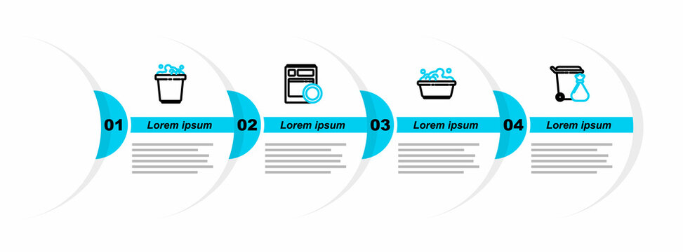 Set Line Trash Can And Garbage Bag, Plastic Basin With Soap Suds, Kitchen Dishwasher Machine And Bucket Icon. Vector