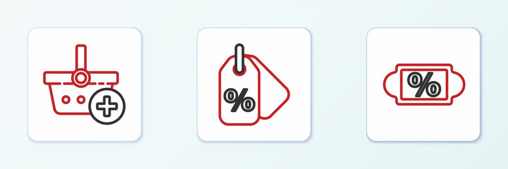 Set line Discount percent tag, Add to Shopping basket and icon. Vector