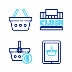 Set line Shopping basket on tablet, and euro, building text closed and icon. Vector