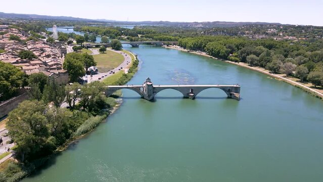 Drone shot of Pont d"Avignon (Avignon Bridge) on Rhone river in France