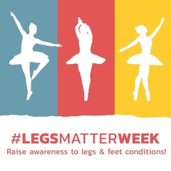 Image of legs matter week and ballet dancers silhouettes on green, red and yellow background