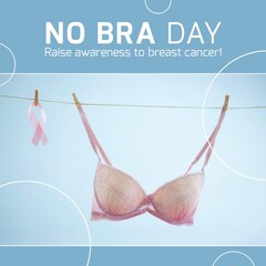Image of no bra day on blue background and bra hanging on string