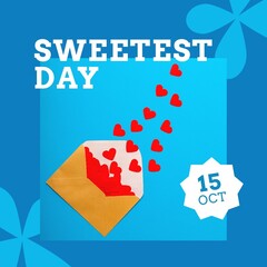 Image of sweetest day over envelope with hearts and blue background