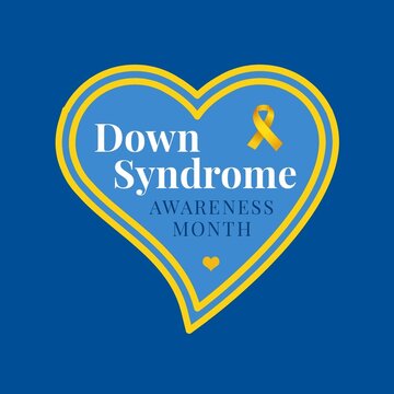 Square image of down syndrome awareness month text with heart and yellow ribbon symbol