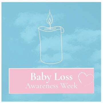 Image of baby loss awareness week and candle on blue background with clouds