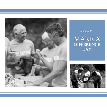 Image of make a difference day on white background with photo of diverse people collectinsg waste