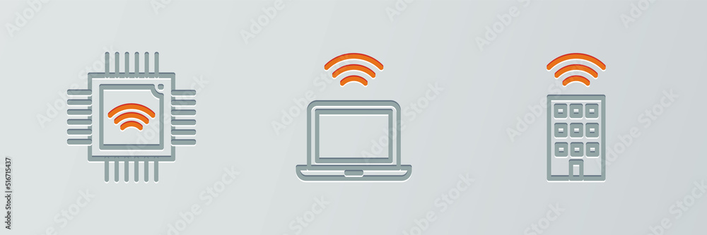 Poster set line smart home with wireless, processor microcircuits cpu and wireless laptop icon. vector