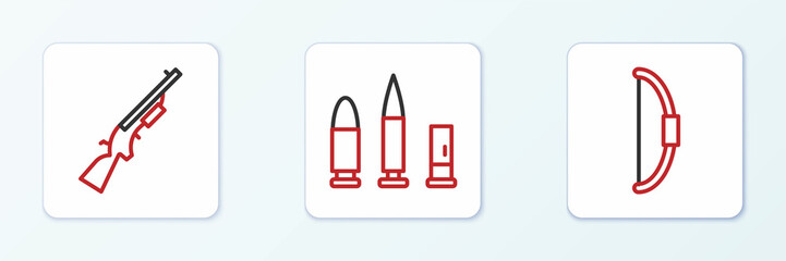 Set line Bow, Shotgun and Bullet and cartridge icon. Vector