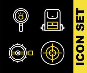 Set line Hiking backpack, Target sport, Trap hunting and Paw search icon. Vector