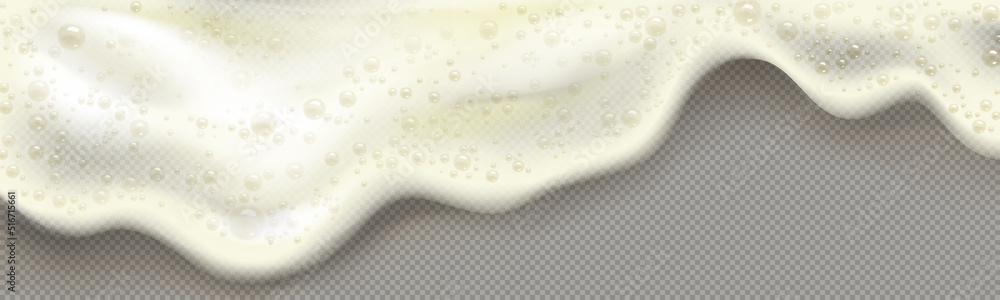 Poster yellow beer foam or soap suds isolated on transparent background. vector realistic border of 3d drip
