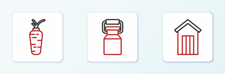 Set line Wooden outdoor toilet, Carrot and Can container for milk icon. Vector