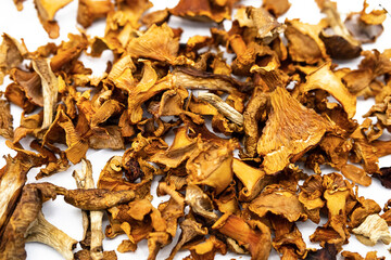 Dried chanterelles, dehydrated mushrooms on white.