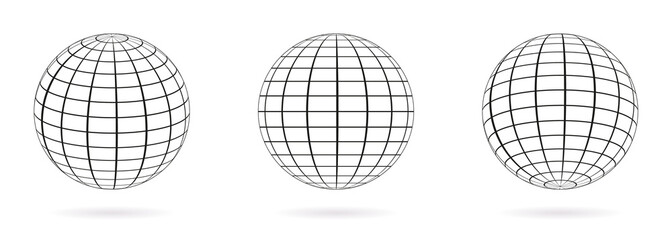 Wired Line 3D Planet Globe. Wireframe Globe Surface. Globe Grid Sphere Set. 3D Wire Global Earth Latitude, Longitude. Geometric Grid Globe. Round Grid Mesh Ball. Isolated Vector Illustration