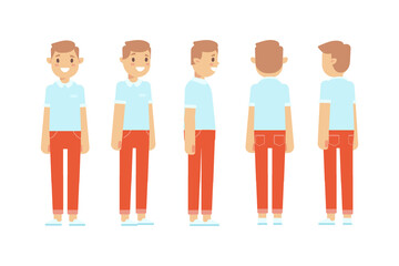 Man, male, guy  front, side, back view flat vector character for animation.