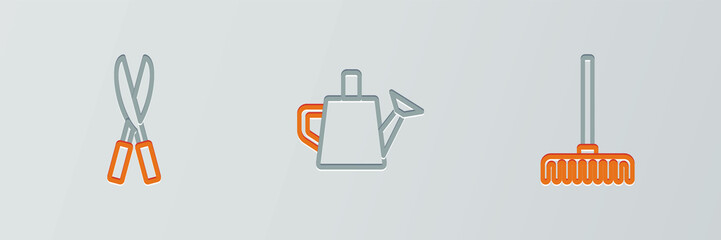 Set line Garden rake, Gardening handmade scissors and Watering can icon. Vector