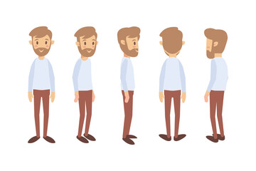 Man, male, guy  front, side, back view flat vector character for animation.