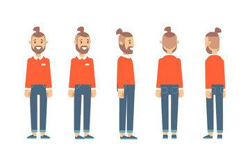 Man, male, guy  front, side, back view flat vector character for animation.
