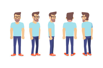 Man, male, guy  front, side, back view flat vector character for animation.