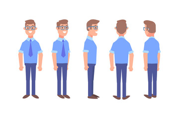 Man, male, guy  front, side, back view flat vector character for animation.