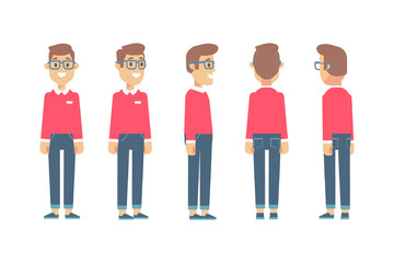 Man, male, guy  front, side, back view flat vector character for animation.