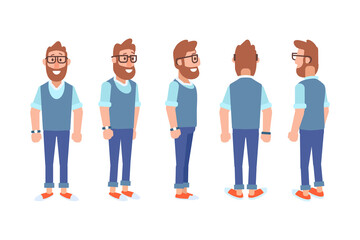 Man, male, guy  front, side, back view flat vector character for animation.