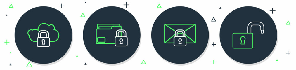 Set line Folder and lock, Mail message password, Cloud computing and Open padlock icon. Vector