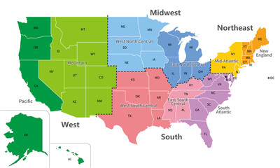 アメリカ合衆国の地図、4つの地域と9つの地区の色分け、英語