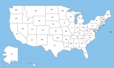 アメリカ合衆国の白地図、全50州の略称入り