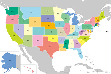 アメリカ合衆国の地図、全50州の略称入り