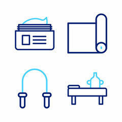 Set line Massage table with oil, Jump rope, Fitness mat roll and Ointment cream tube icon. Vector