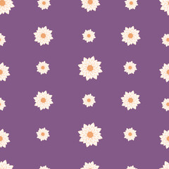 Seamless pattern with autumn abstract flowers in warm pastel colors isolated on purple background in flat cartoon style