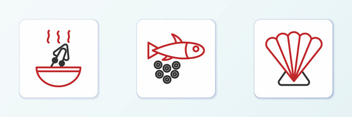Set line Scallop sea shell, Soup with octopus and Fish caviar icon. Vector