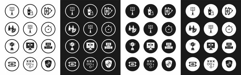 Set American Football ticket, Binoculars american, Stopwatch, paper glass soda with drinking straw, on tv program stand and Award cup icon. Vector